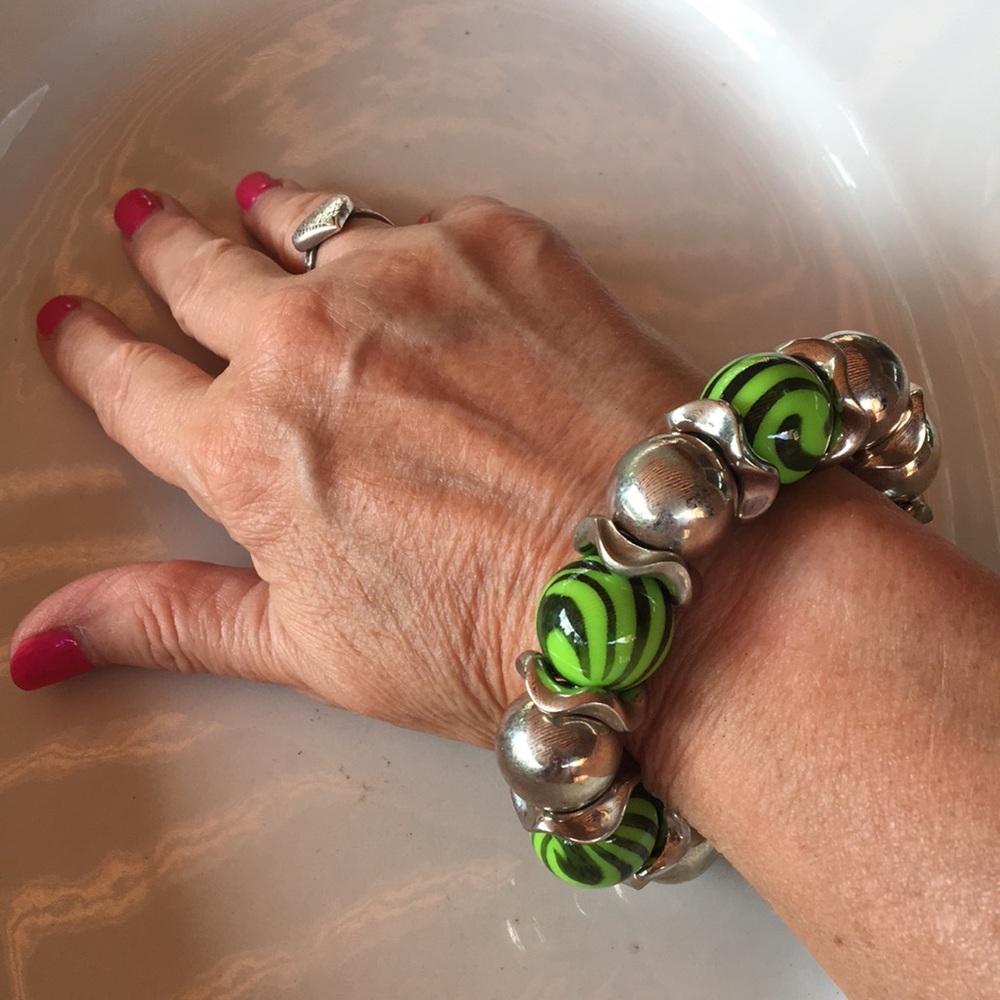 Silver and Green Beaded Bracelet